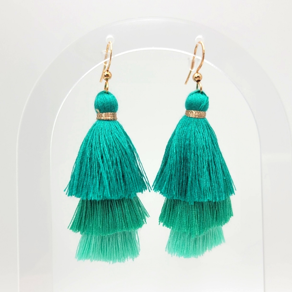 Green Tiered Tassle Earrings - Picture 2 of 4
